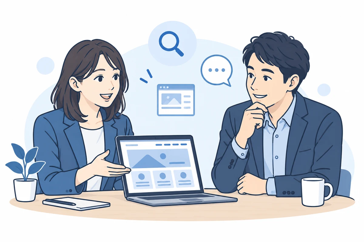 担当者と企業の方がノートパソコンを囲み、WEB集客の方針を相談するイラスト