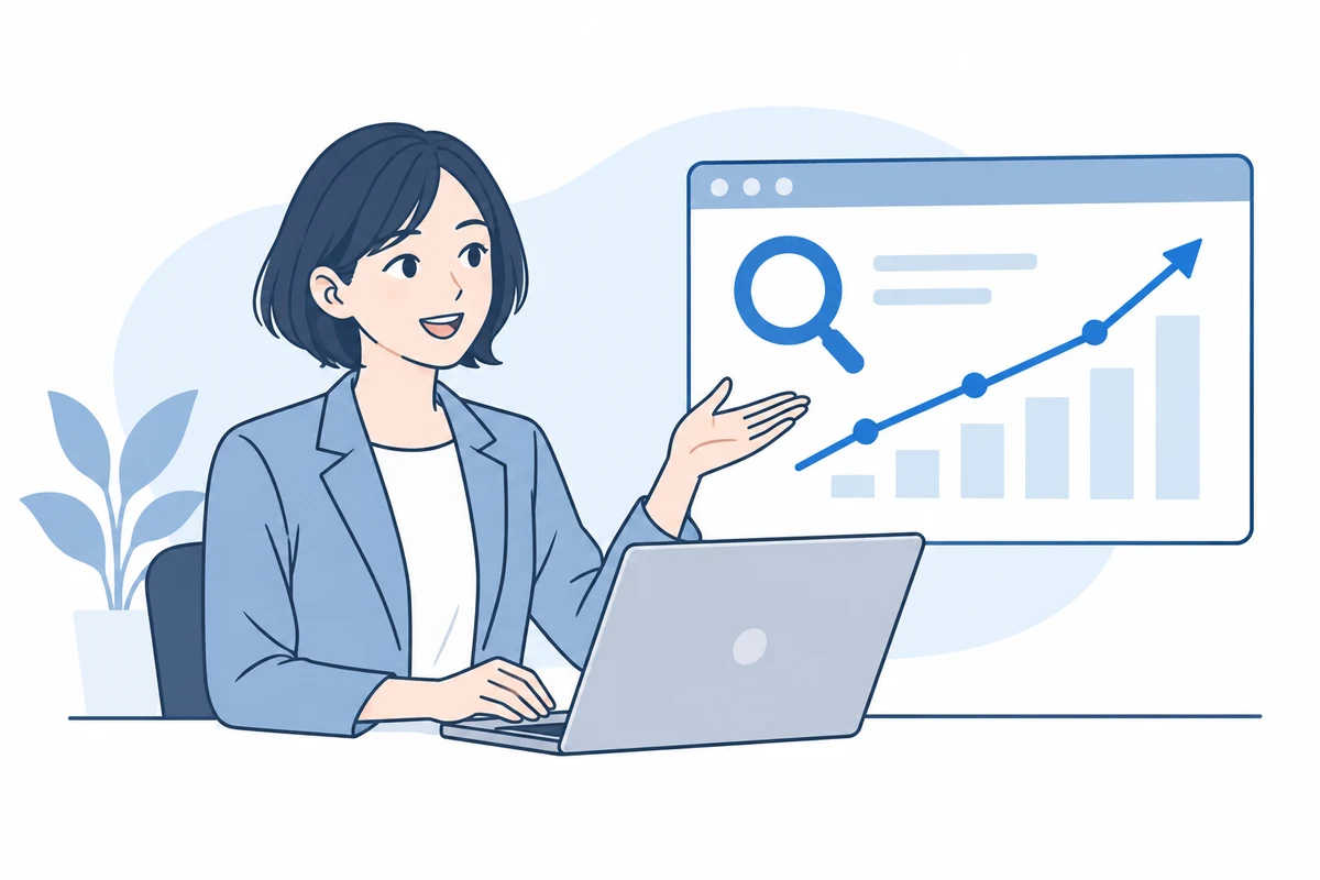 検索データとグラフを確認し、SEOの改善策を考える担当者のイラスト